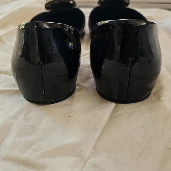 Black Patent Leather Flats with Gold Buckle - Picture 3 of 5